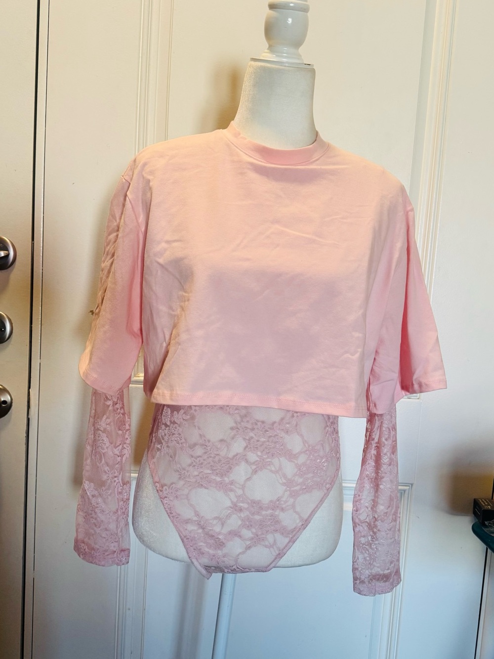Light Pink Lace-Trim Cropped Long Sleeve Top with mesh bodysuit under size Large